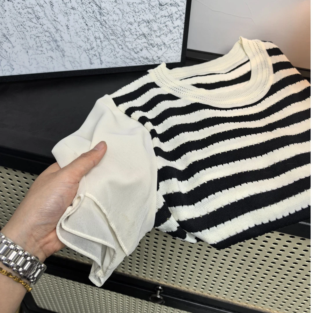 3915大码女装2025夏季新款设计感条纹雪纺拼接显瘦针织短袖上衣女