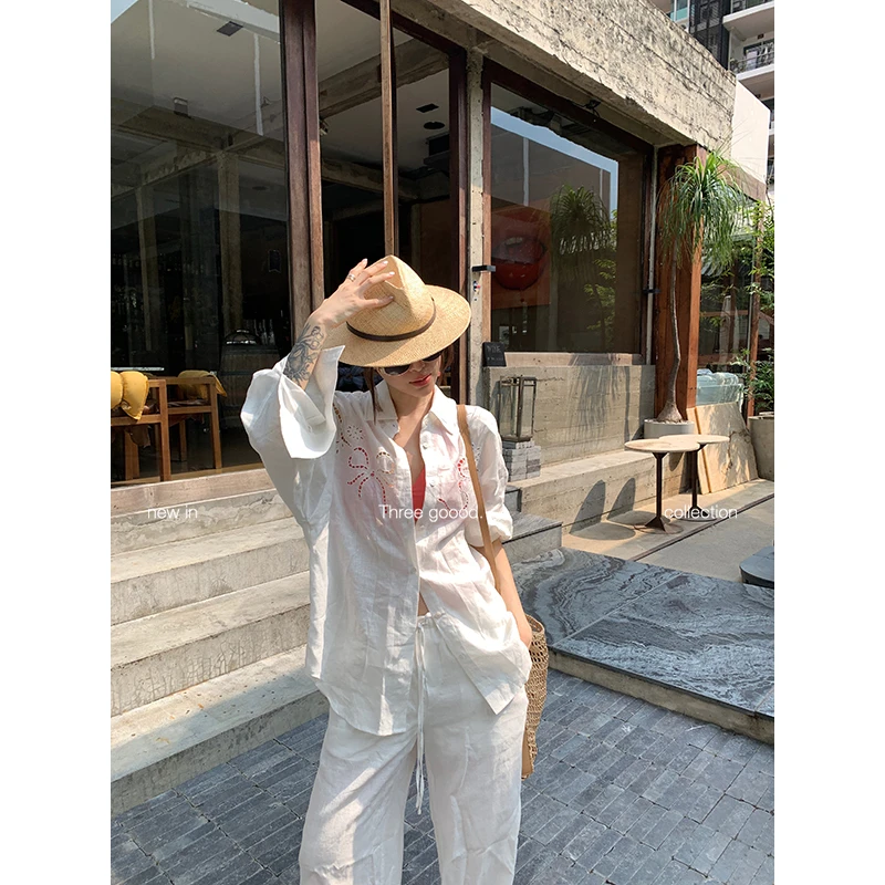 THREE GOOOD/三吉亚麻镂空绣花衬衫简约宽松休闲裤套装Y725A03157