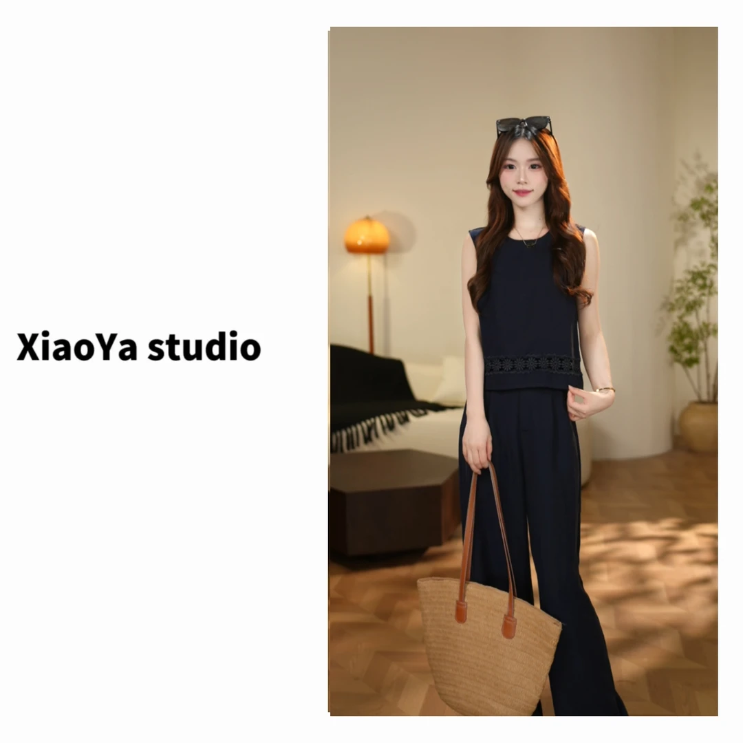 昕昕 F094初夏新款2025高级气质显瘦花边马甲+直筒裤套装女