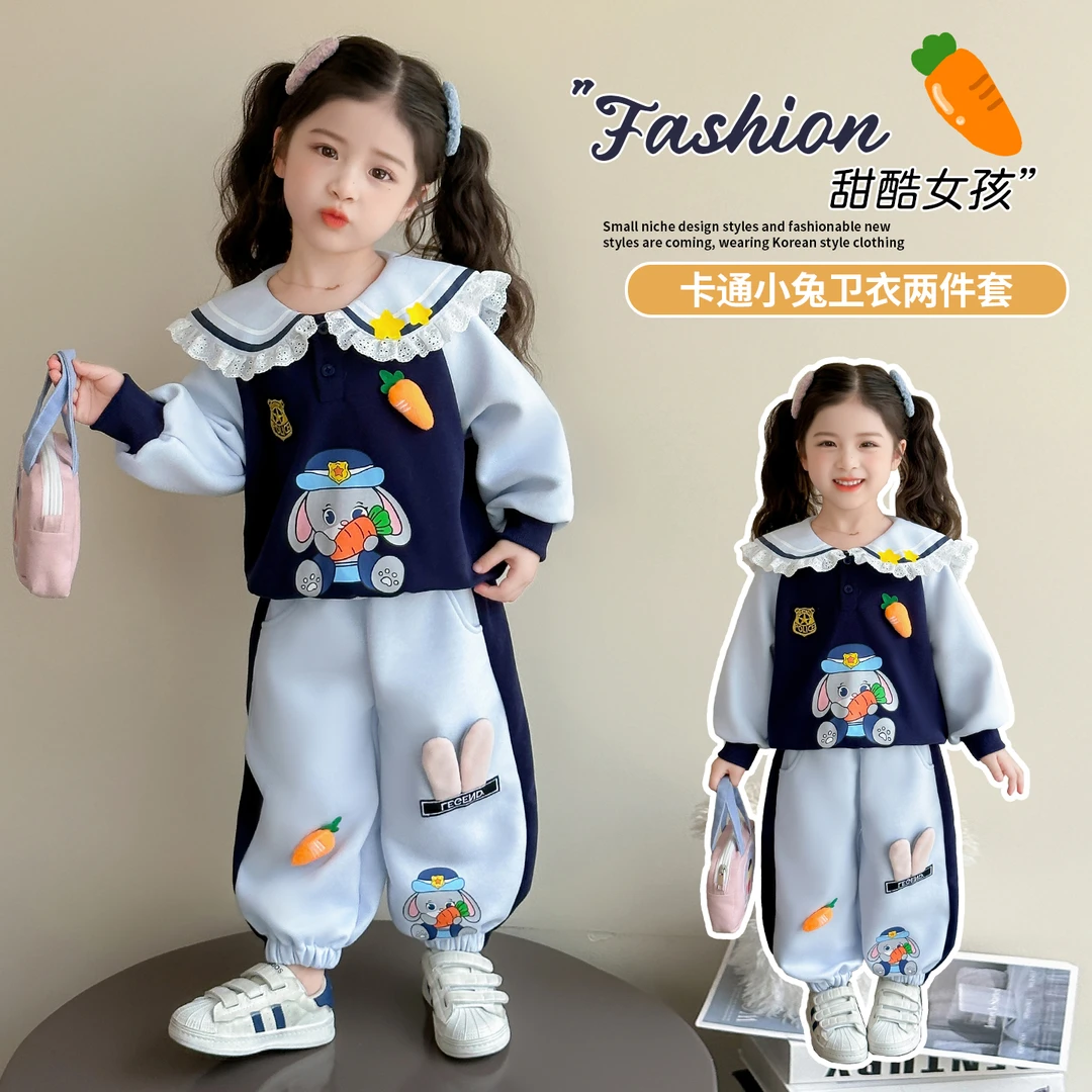 女童娃娃领卫衣套装洋气卡通儿童春秋季新款女宝宝休闲两件套时髦