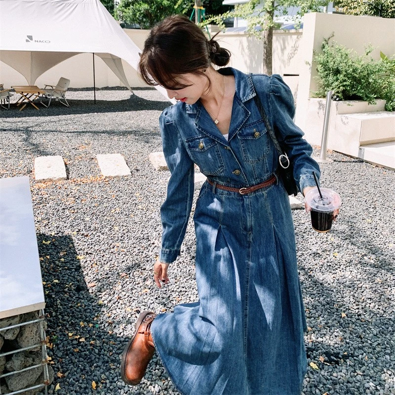 泡泡袖风衣式牛仔连衣裙女春秋2025新款爆款洋气炸街长款长裙美式