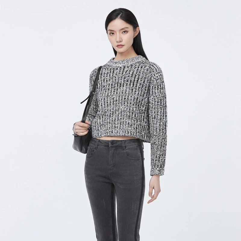 S·DEER圣迪奥时尚通勤罗纹圆领撞色钩花宽松针织衫毛衣S22163503
