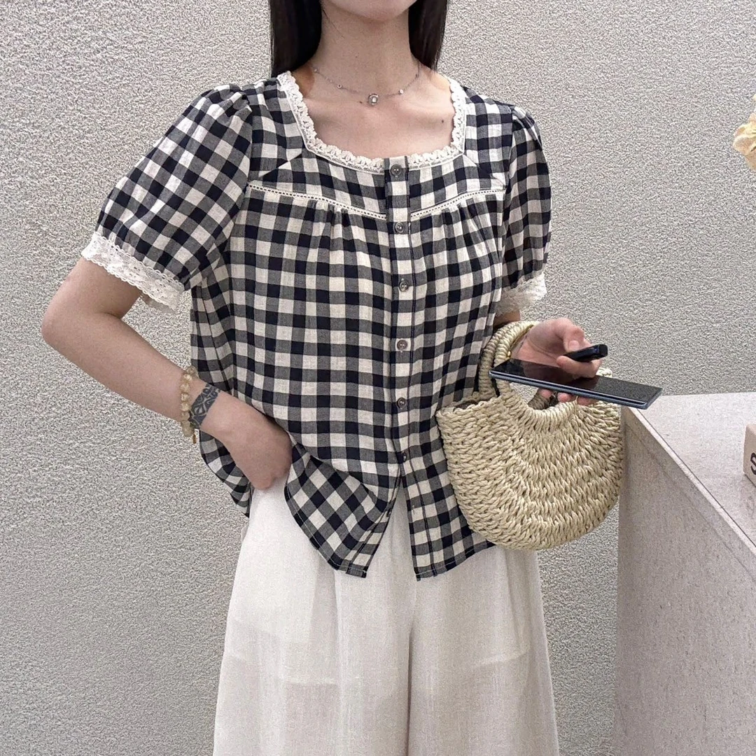 MISS RUILI  定制  2025夏季法式方领蕾丝花边格子小衫F0654