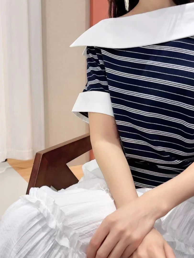 ODUOER【实体同款】韩版显瘦斜露肩拼接条纹T恤女小众撞色露肩上衣