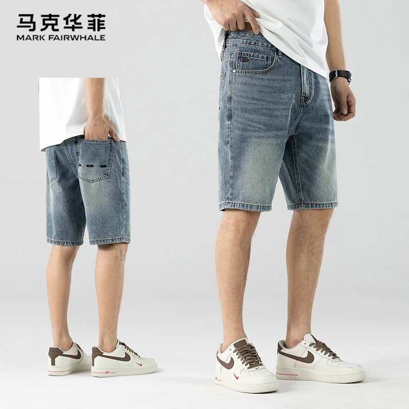 马克华菲牛仔短裤男生夏季宽松水洗百搭五分裤痞帅潮牌休闲中裤子