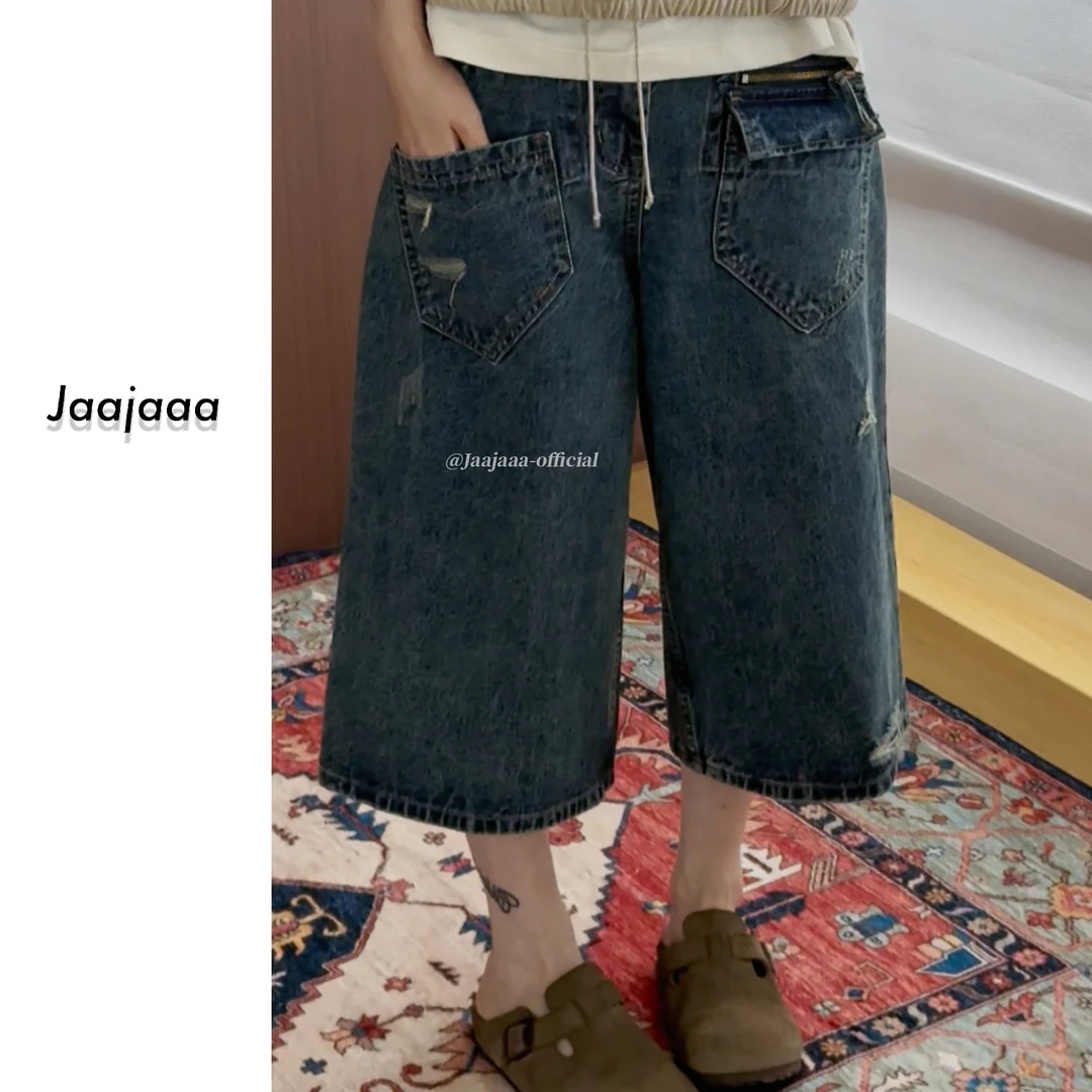 Jaajaaa涩谷轨迹  设计感休闲百搭工装风口袋直筒七分牛仔裤/XIXX