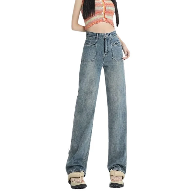 复古港风裤子复古拖地牛仔裤加长版水洗窄版宽松显瘦春秋高腰女阔