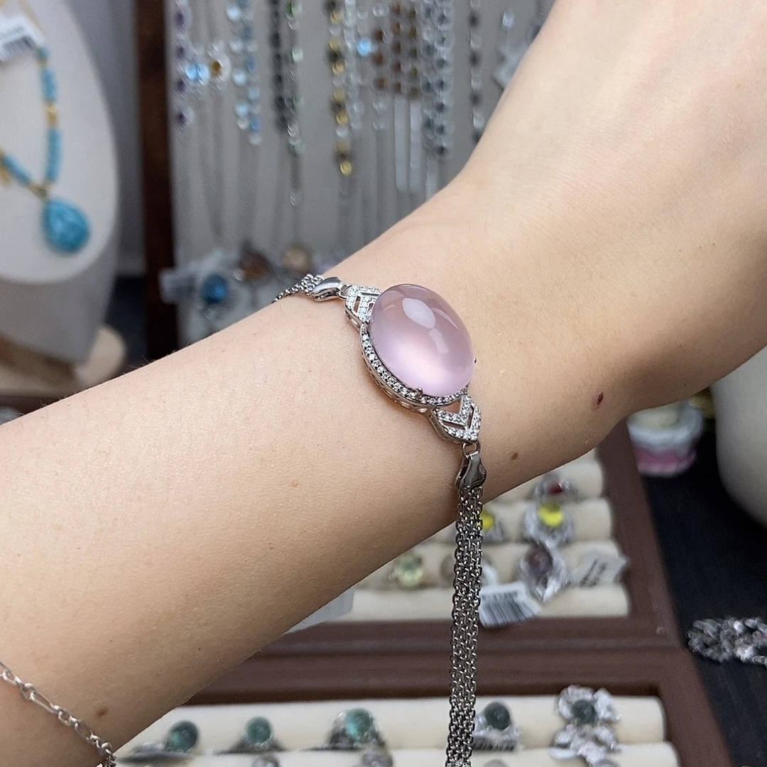 ****麻水晶戒指银S925镶嵌粉水手链330