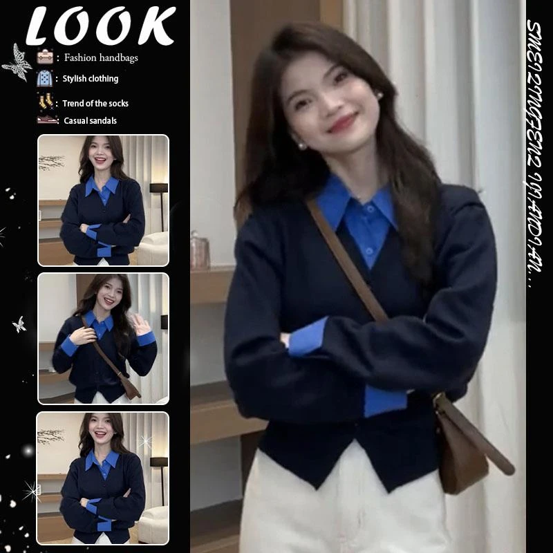 polo领拼接假两件上衣女装早春秋季2025新款毛衣针织开衫外套休闲