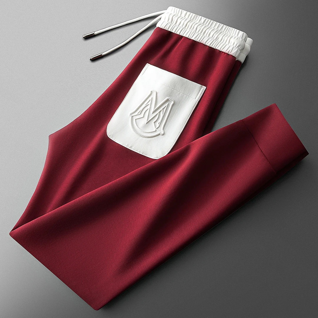 春夏高端时尚潮流红色拼接运动裤男士小脚卫裤薄款冰丝休闲裤男款