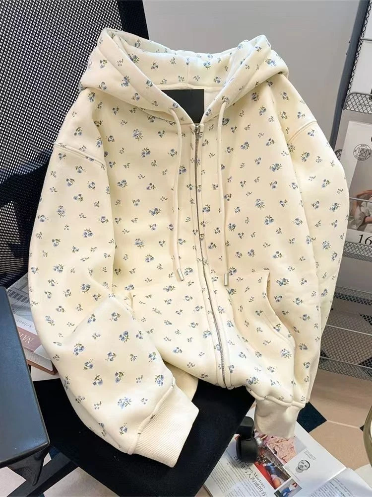美式复古甜美碎花连帽卫衣外套女2025春秋新款慵懒风宽松休闲开衫