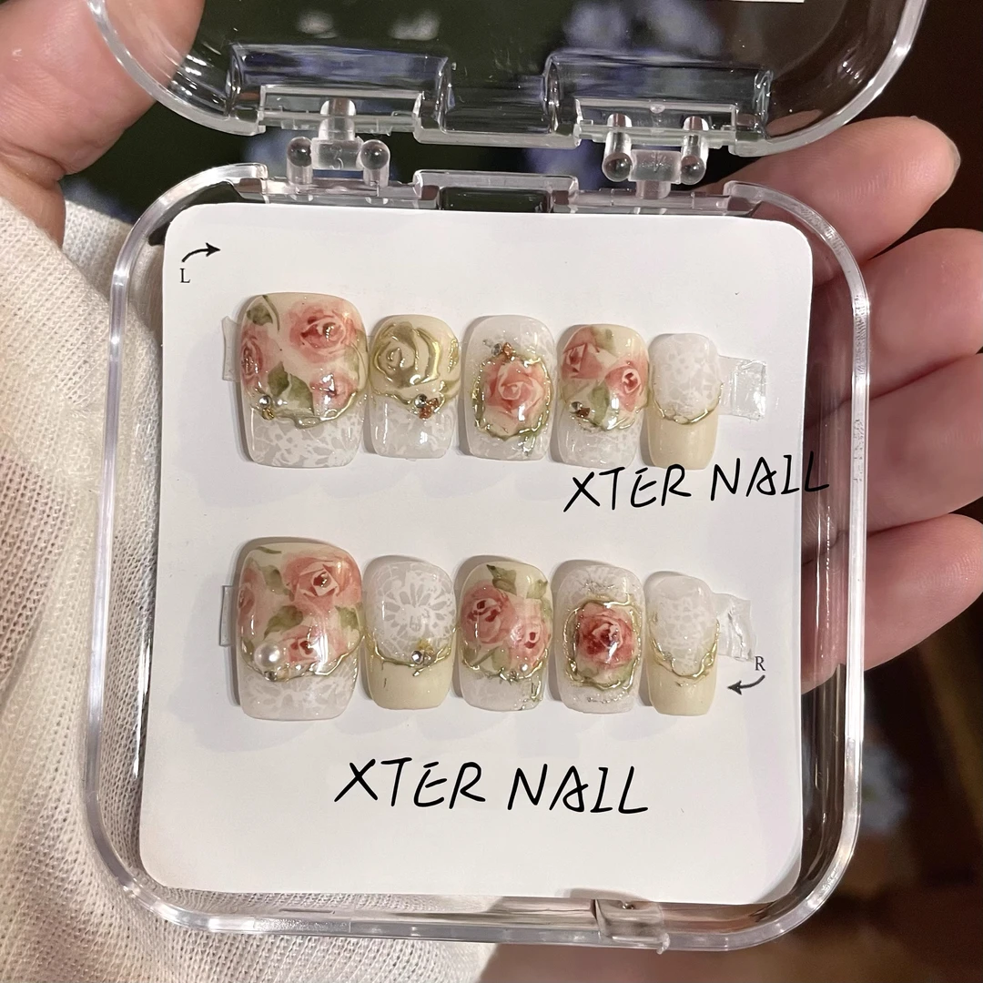 复古奶白法式水彩晕染玫瑰花穿戴美甲成品假指甲贴片手工定制甲片