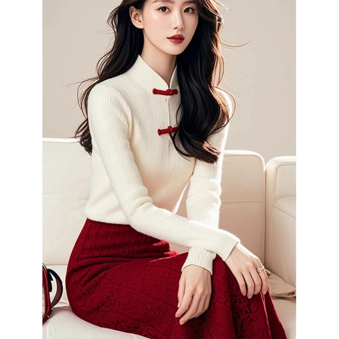 新中式国风盘扣针织开衫女冬季新款修身显瘦上衣今年流行