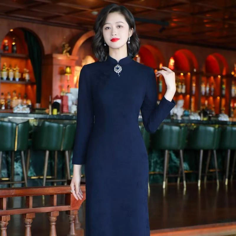【一尺春风】长袖旗袍秋冬新款中国风针织日常改良长款妈妈装2432