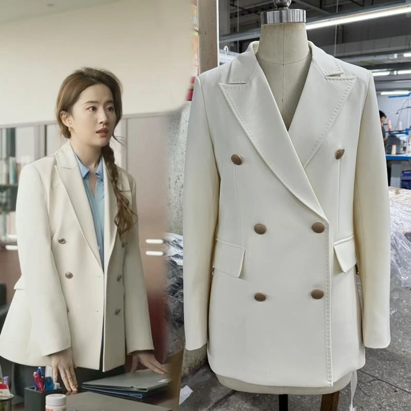 白色西装外套女双排扣中长款气质休闲玫瑰的故事刘亦菲同款西服潮