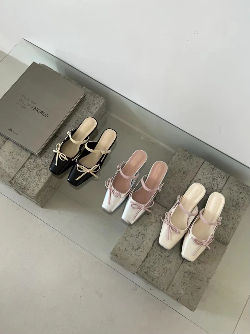 A760-1夏季法式气质蝴蝶结拖鞋2025新款透气凉鞋粗跟包头跟鞋女鞋