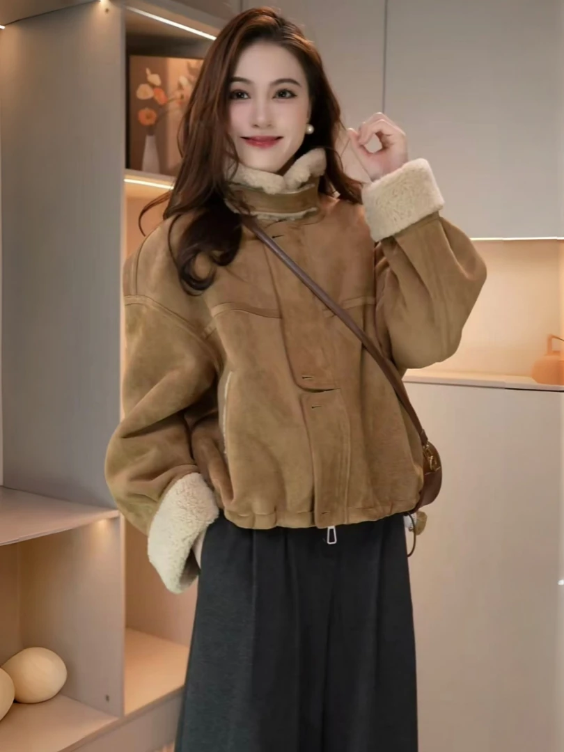 加绒加厚短款皮毛一体外套女2025冬季新款爆款立领机车服夹克上衣