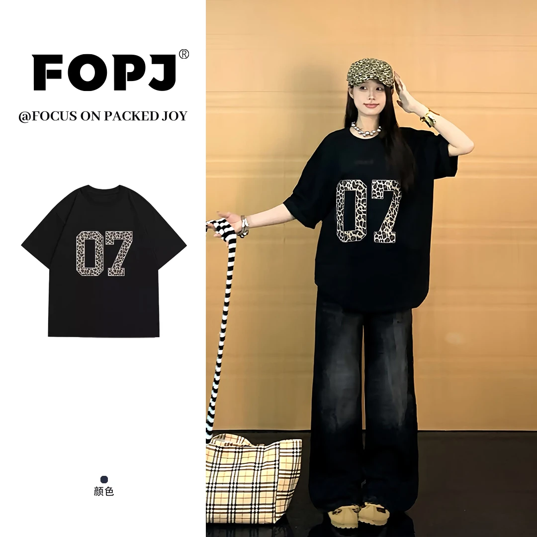 FOPJ美式高街豹纹印花短袖t恤女夏季休闲时尚百搭宽松圆领上衣潮