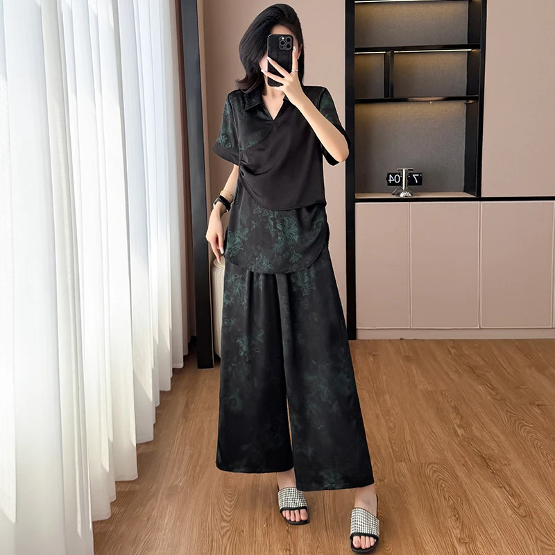 夏季新款女装套装胖女孩休闲风新中式时尚套装显瘦气质印花两件套