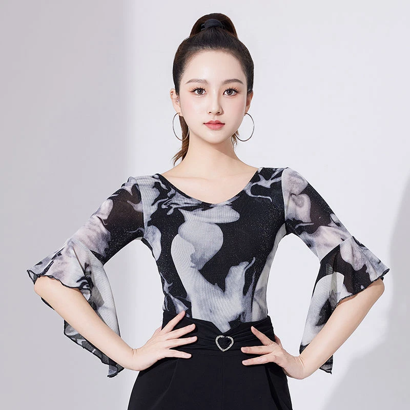 绚悦夏季女款摩登舞拉丁舞国标舞荷叶袖连体交谊舞蹈跳舞练功上衣