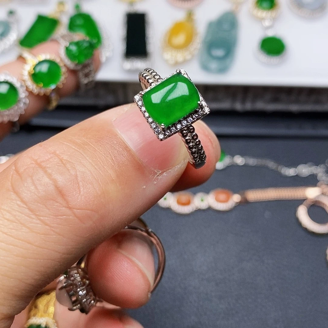 翡翠戒指银S925镶嵌正**四戒指