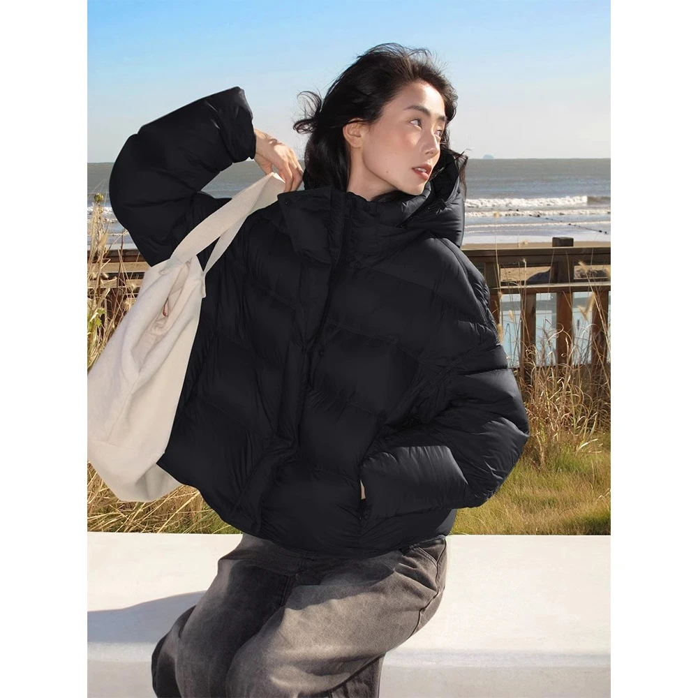 黑色连帽羽绒服女短款2024冬新款小个子加厚90白鸭绒龟背面包服