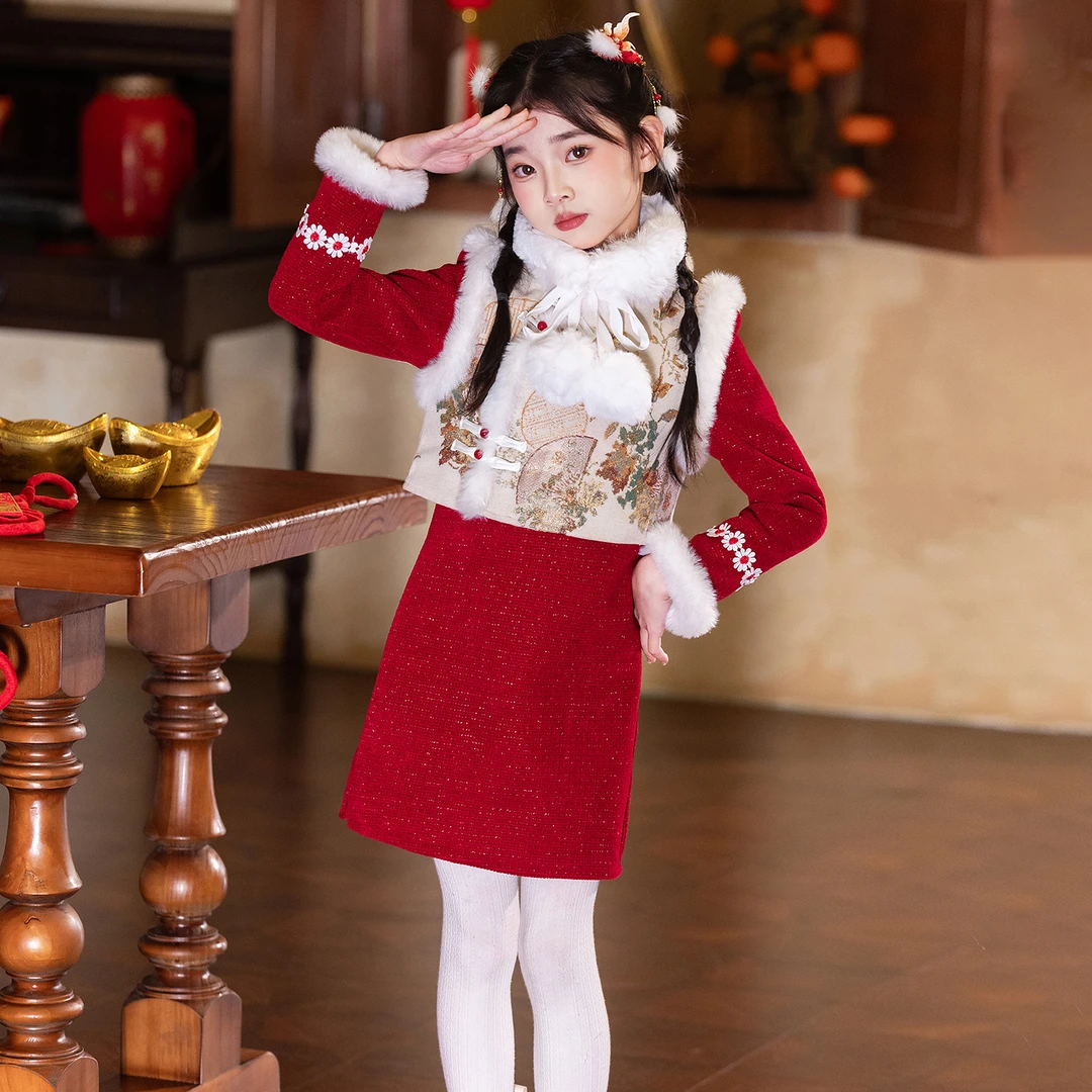 新中式冬装女童汉服加绒冬季拜年服套装冬裙国风新年衣服儿童唐装