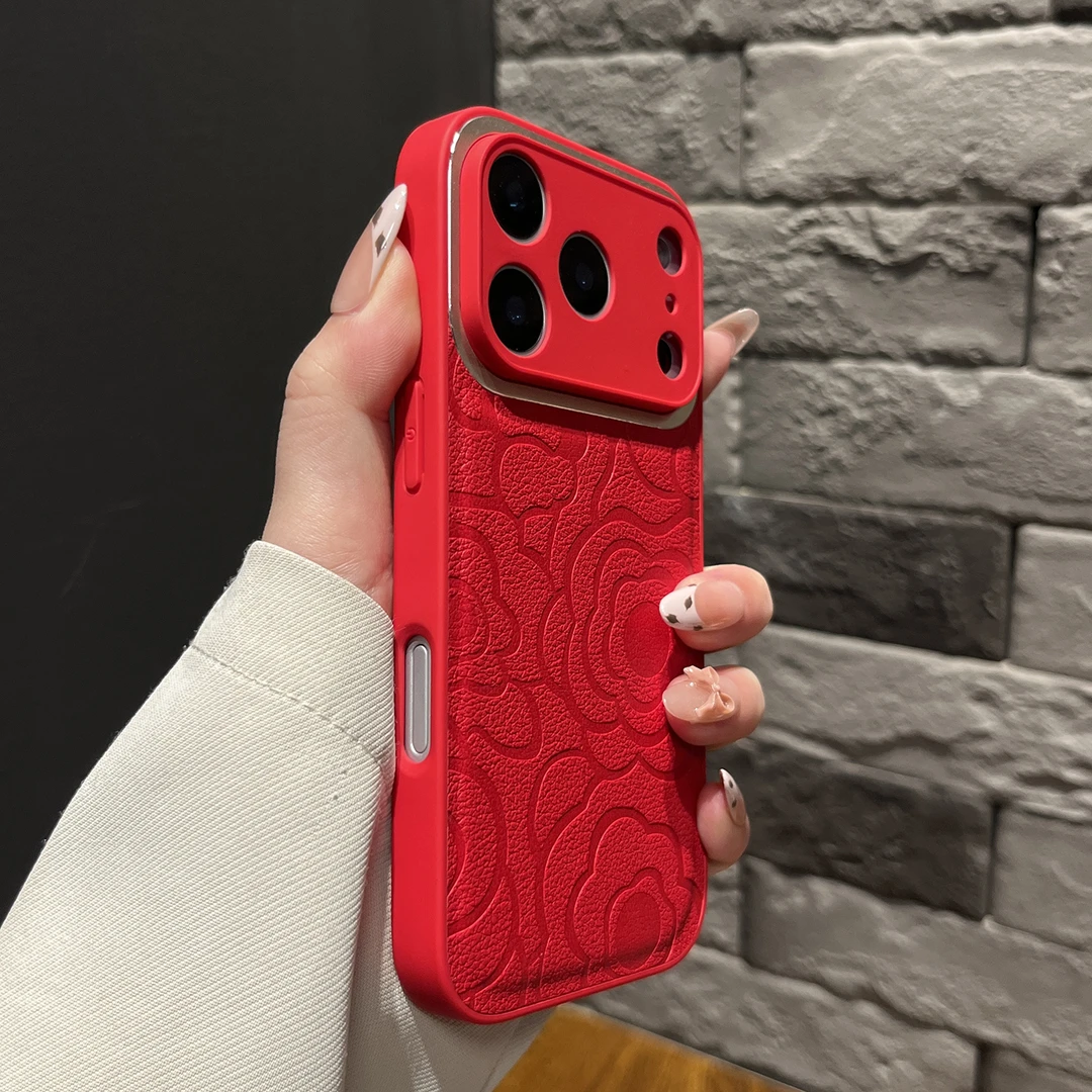 适用于苹果17promax手机壳红色皮纹山茶花新年2026网红同款本命年