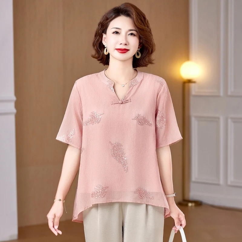 2025新款中老年女装夏季短袖上衣服妈妈装夏装宽松时尚龄气质小衫