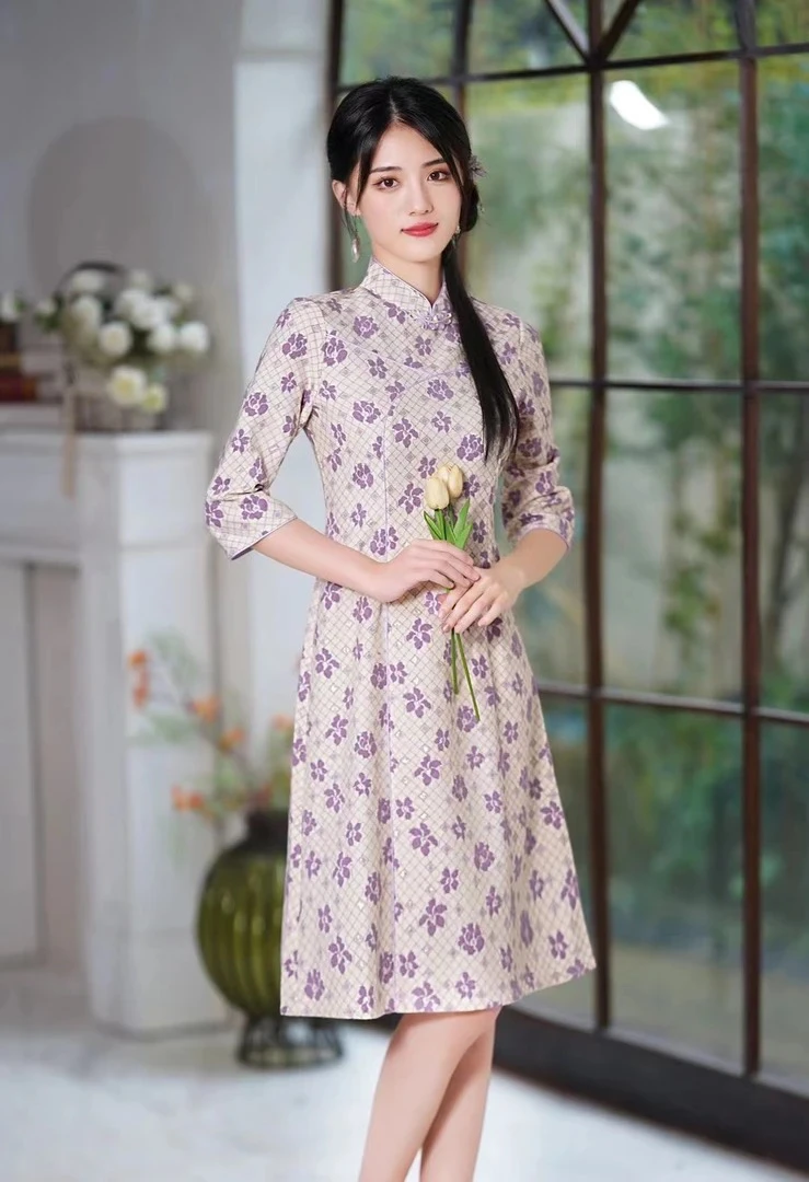 （352）秋款 年轻 中长款改良旗袍 单层 长度约105cm中长改良旗袍