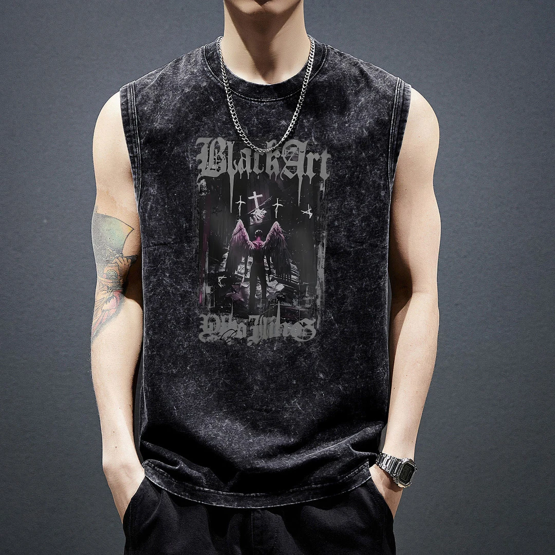 无袖T恤男背心水洗做旧圆领ins印花国潮男生痞帅运动中青年