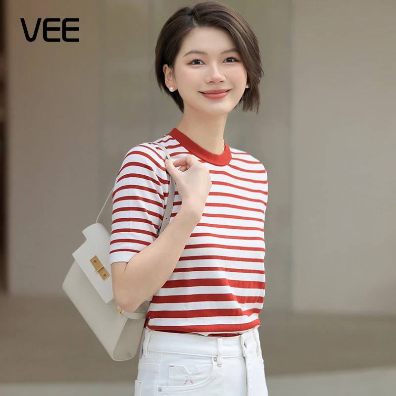 短视频VEE【漫游日】新款休闲百搭抗菌天丝羊毛条纹针织衫