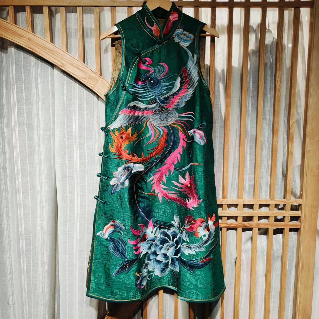 (HM101049)凤徕兮私人定制绿福禄底彩凤重工刺绣立领马甲