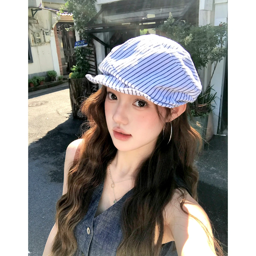 狗狗公园｜复古条纹贝雷帽个性设计不规则报童帽弯折帽檐显脸小