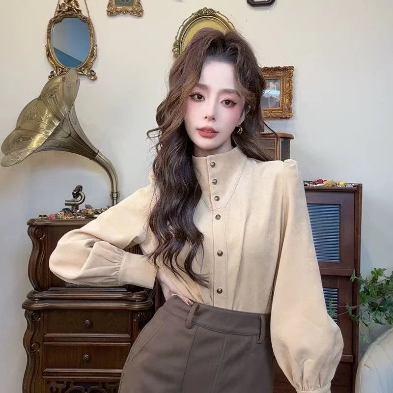 港式复古纽扣设计感衬衫女2024秋季新款气质百搭日常通勤长袖上衣