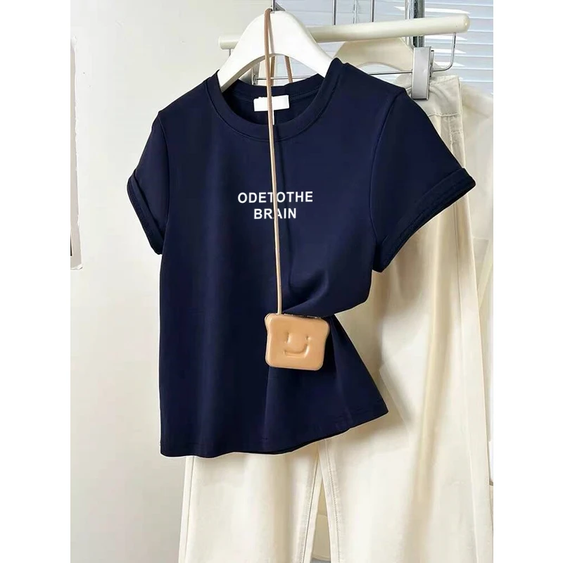 2025新款正肩短袖t恤女装设计感小众时尚百搭洋气藏青色上衣夏季