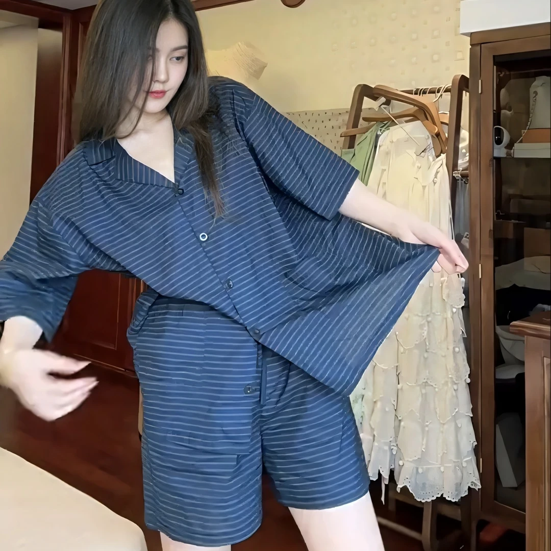 力婷睡衣女条纹翻领开衫纯棉短袖短裤家居服夏季新款薄款女士套装