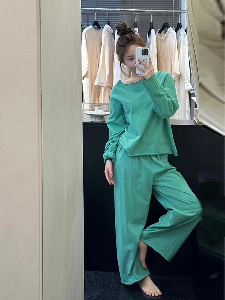 韩版简约慵懒风睡衣女款春秋2025新款大码宽松可外穿家居服两件套