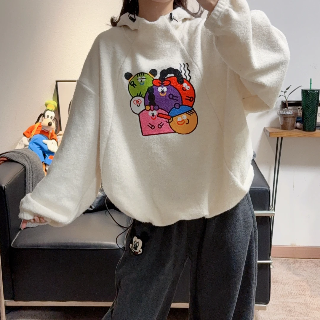 冬季新款超好看解构感拼接卡通绒绒羊毛连帽卫衣女宽松显瘦减龄