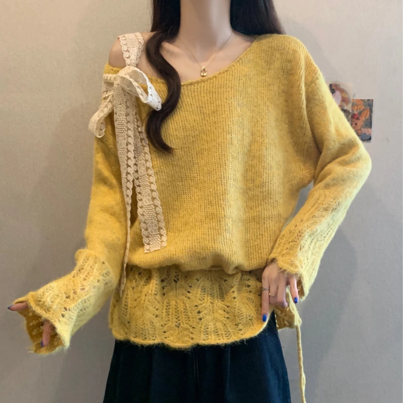 今年流行漂亮减龄温柔风露肩针织女秋季新款慵懒显瘦别致毛衣大码