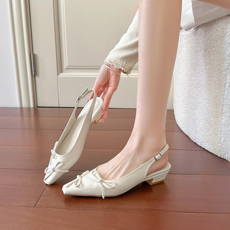 法式小方头单鞋女2025夏季新款蝴蝶结包头凉鞋女后空粗跟凉拖鞋女