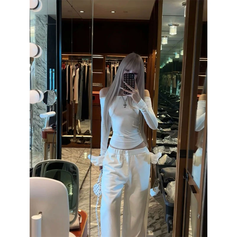 2025年夏季新款chic网红少女感减龄修身一字肩T恤+垂感显瘦阔腿裤