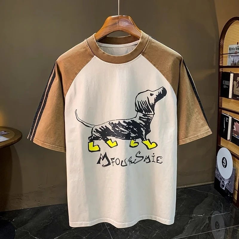 爆款夏季纯棉短袖T恤创意设计图狗狗印花百搭个性男士圆领上衣ins