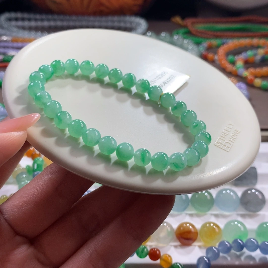 翡翠未镶嵌手链！精品！薄荷绿底飘花卡6.5