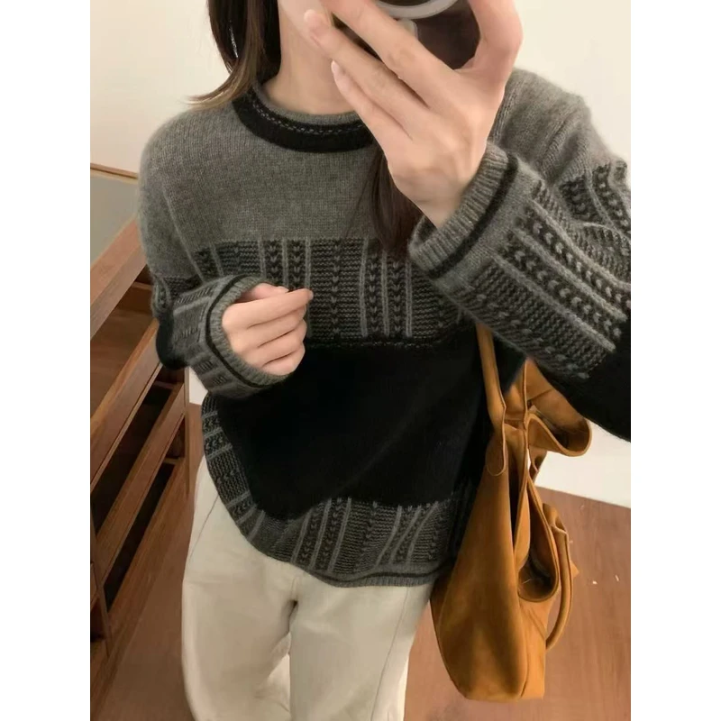 北欧风秋冬复古提花圆领宽松休闲针织衫S148