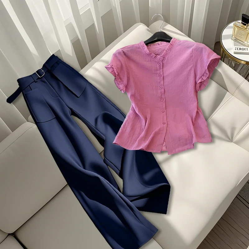 2025夏季新款今年流行爆款时尚百搭显瘦粉色上衣阔腿修身直筒裤子