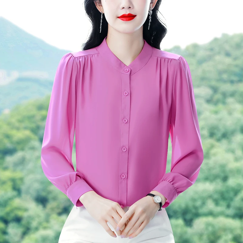 2025秋季新款长袖小众上衣衬衫女设计感纯色女士纽扣洋气百搭