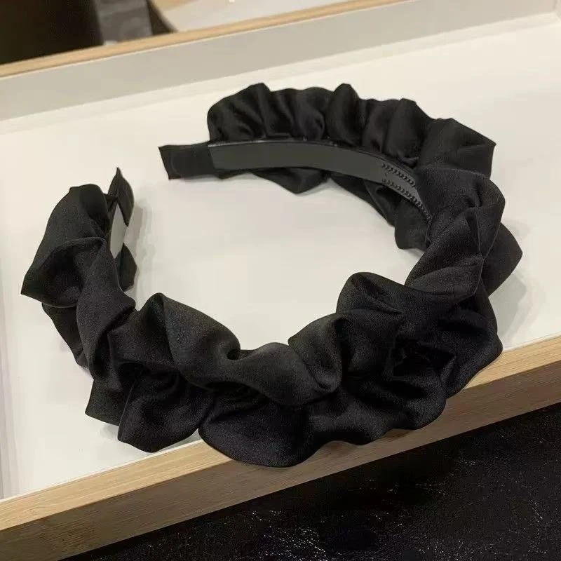 高颅顶发箍女新款黑色缎面褶皱头箍发捆百搭显脸小大肠发卡子1984