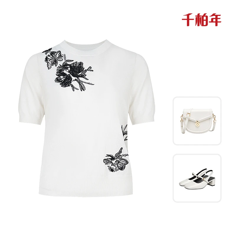 千柏年【暗香来】舒适透气莱赛尔天丝提花工艺圆领针织衫-C2173