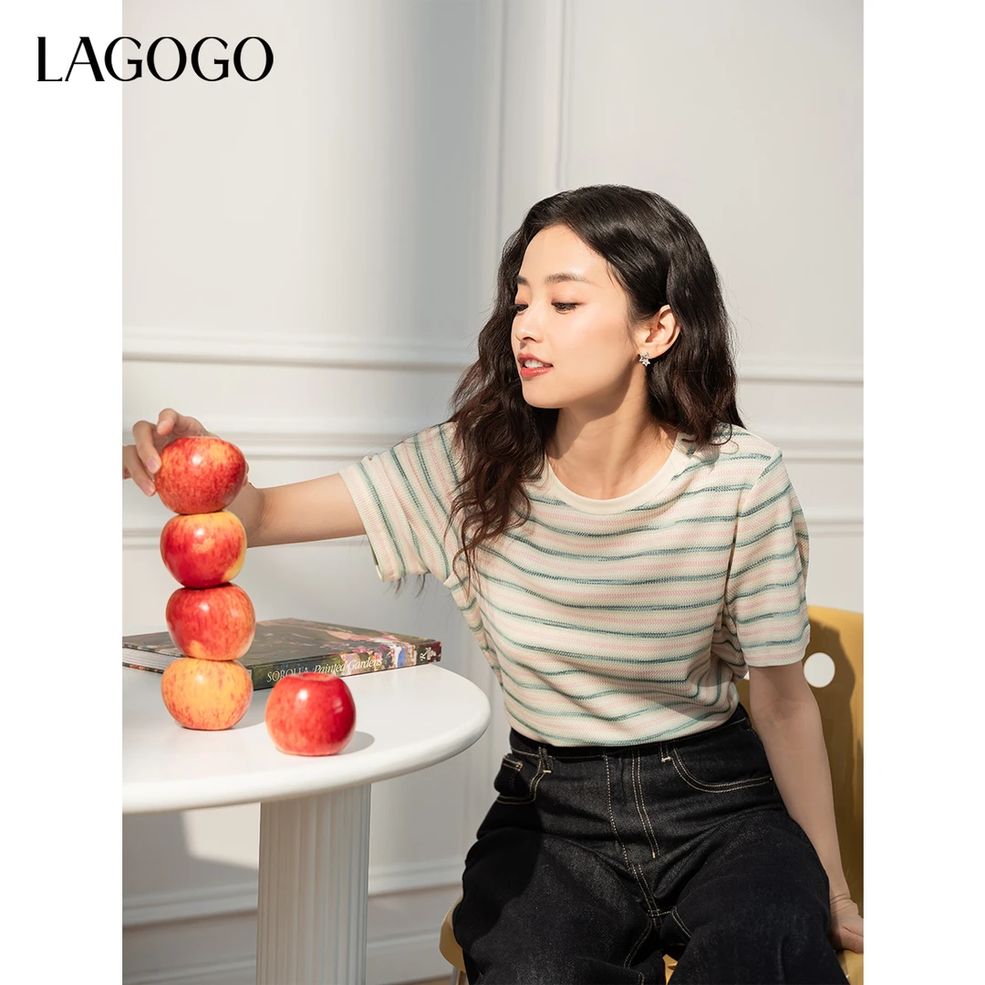 【芋总专属】lagogo新款条纹撞色清新百搭弹力T恤女OATT321G17